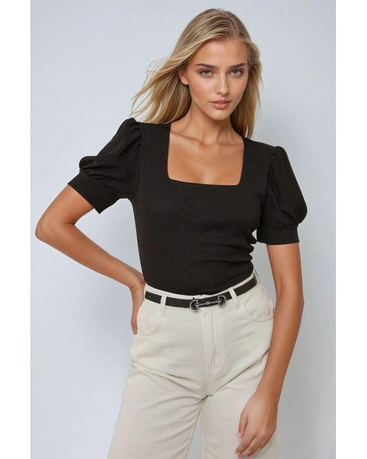 Hiccup Black Square Neck Textured Fitted Blouse