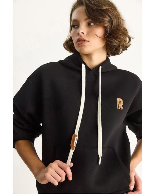 Bianco Lucci Black Embroidered Hooded Sweatshirt