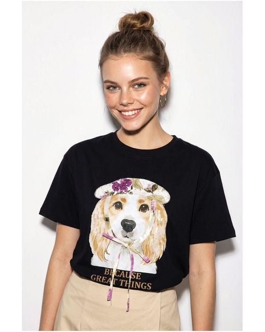 Bianco Lucci Black Sequin Printed Crew Neck T-Shirt
