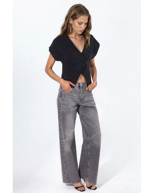 Hiccup Black Solid V-Neck Short Sleeve Blouse With Button Closure