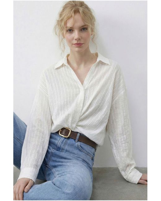 Bianco Lucci White Loose Fit Striped Shirt With Tie Detail
