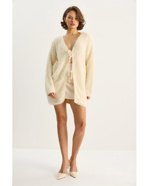 Bianco Lucci Natural Textured V-Neck Midi Cardigan With Tie Closure