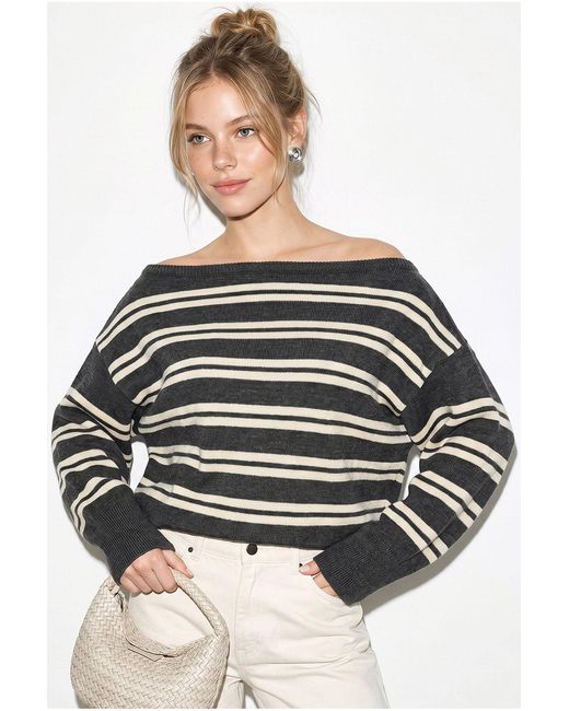 Bianco Lucci Black Off Shoulder Striped Ribbed Sweater