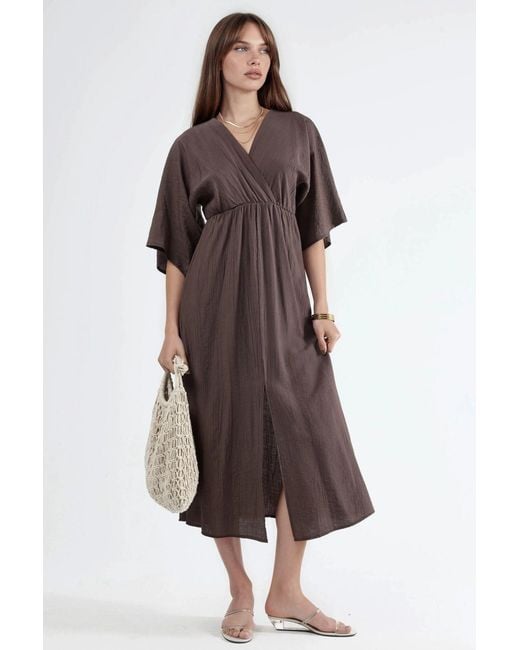 Busem Brown V-Neck Midi Wrap Dress With Three Quarter Sleeves