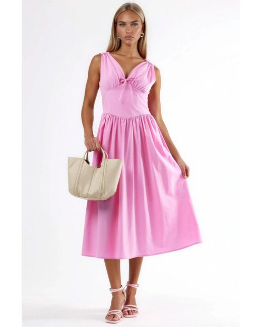 Busem Pink V-Neck Midi Dress With Bow Detail