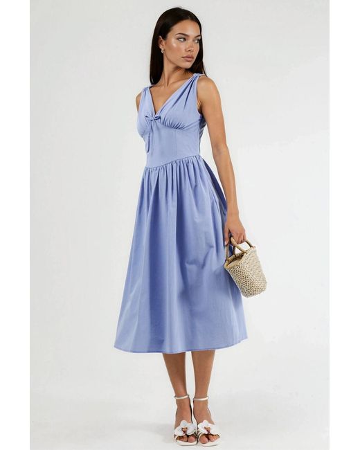 Busem Blue V-Neck Midi Dress With Bow Detail