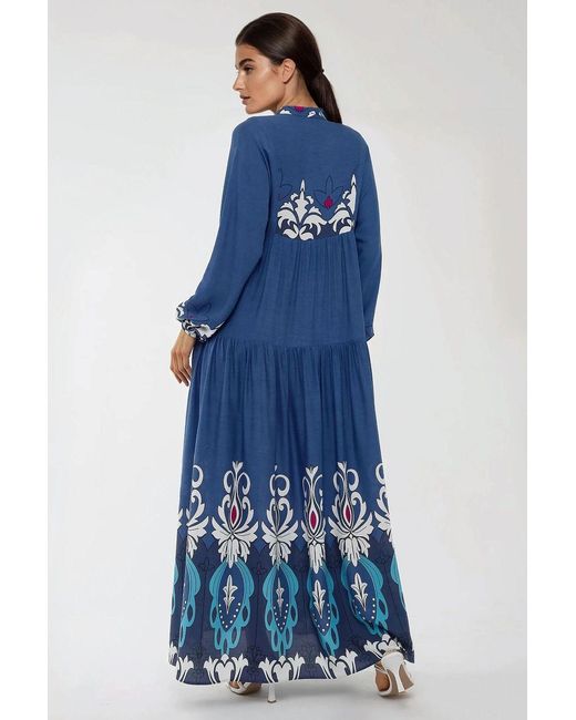 Hiccup Blue Printed Long Sleeve Viscose Maxi Dress