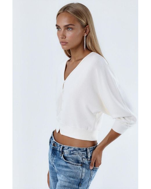 Busem White V-Neck Ribbed Crop Cardigan