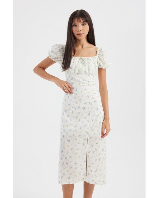 Hiccup White Floral Square Neck Puff Sleeves Midi Dress With A Side Slit