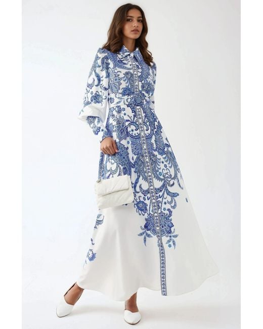 Hiccup Blue Printed Maxi Dress With Shirt Collar And Button Detail