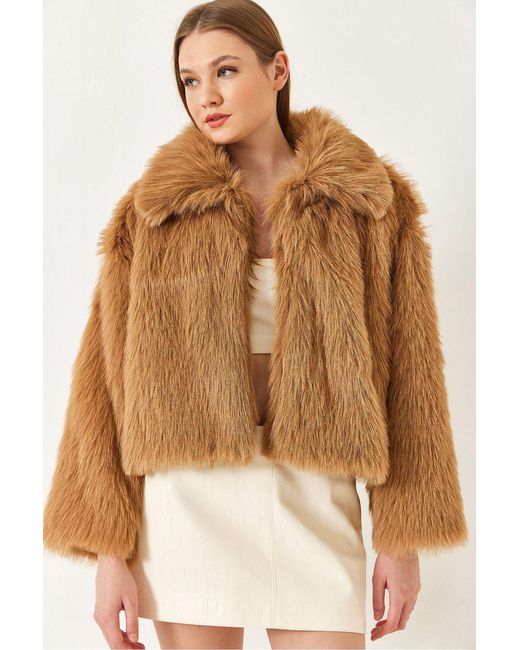 Bianco Lucci Brown Cropped Open-Front Faux Fur Coat With Long Sleeves