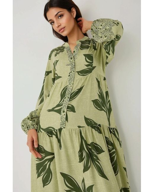 Hiccup Green Printed Long Sleeve Viscose Maxi Dress