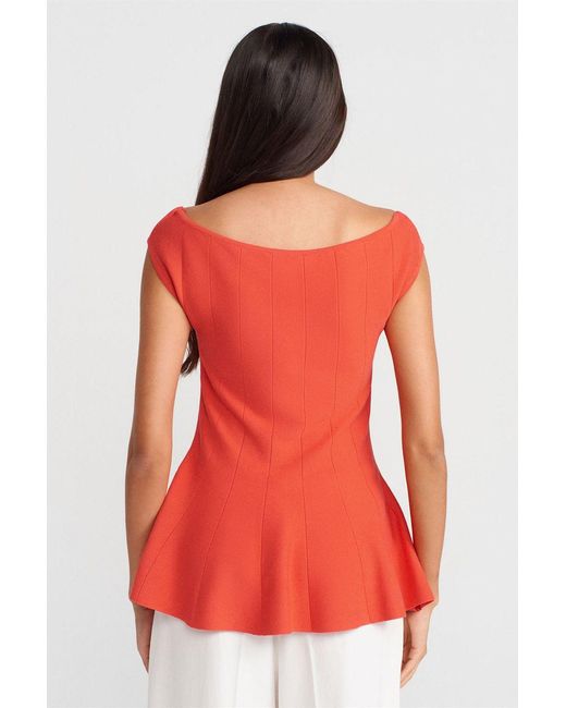 Dilvin Getailleerde Geribde Peplum Blouse in het Red