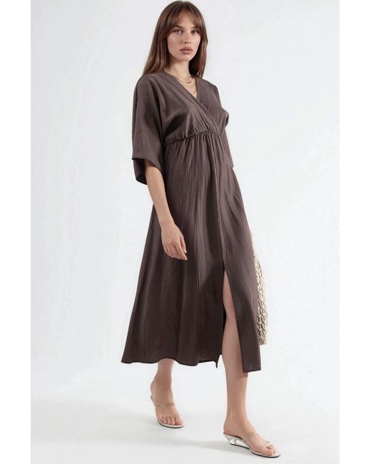 Busem Brown V-Neck Midi Wrap Dress With Three Quarter Sleeves