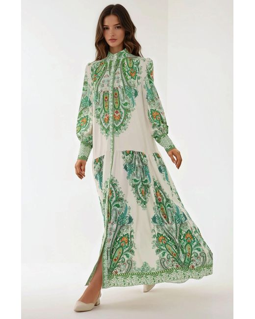 Hiccup Green Printed Long Sleeve Maxi Dress