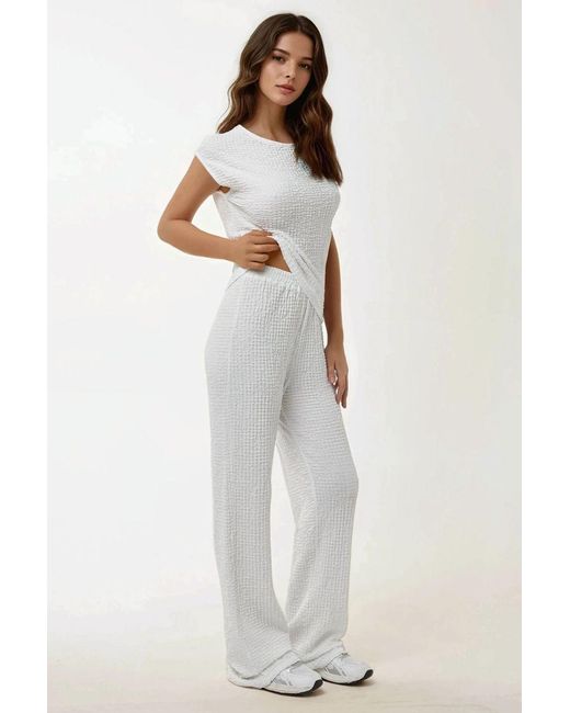 Hiccup White Textured Crew Neck Short Sleeve Top
