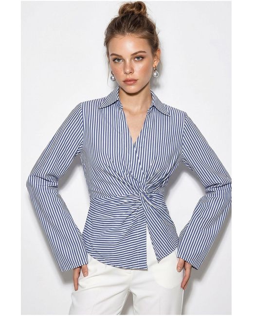 Bianco Lucci Blue Fitted Striped Poplin Shirt With Tie Detail