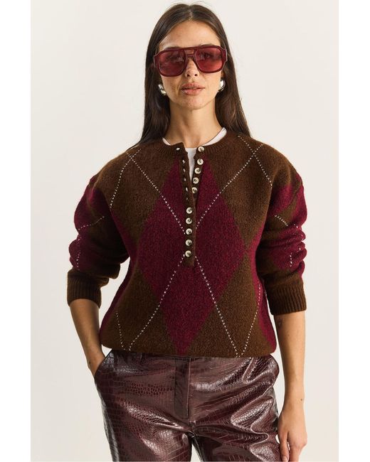 Bianco Lucci Red Knit Crew Neck Sweater With Button Closure