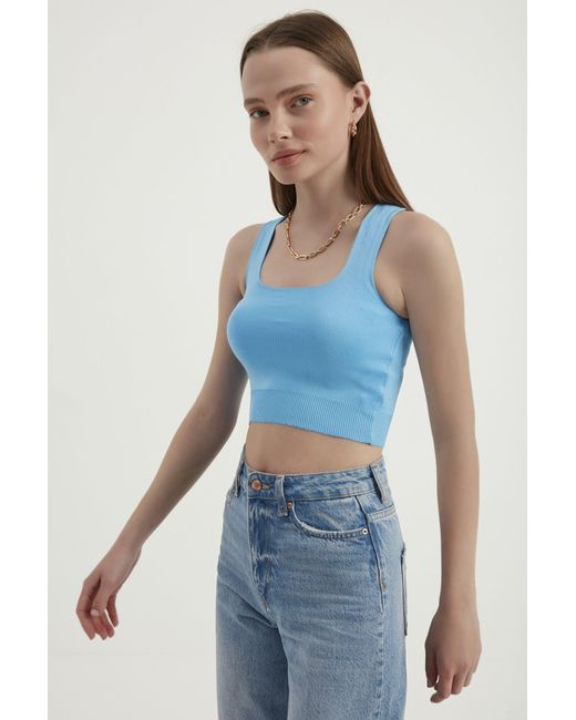 Hiccup Blue Woven Square Neck Sleeveless Basic Crop Top