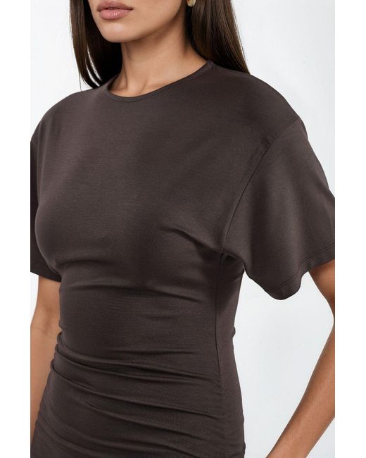 Busem Brown Crew Neck Mini T-Shirt Dress With Drape