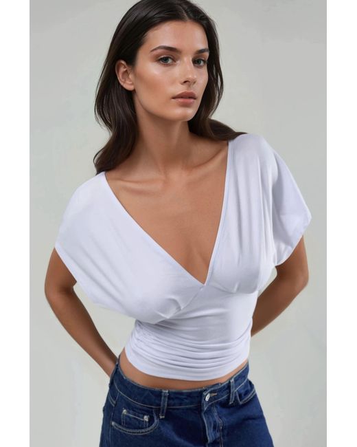 Hiccup White Ruched V-Neck T-Shirt