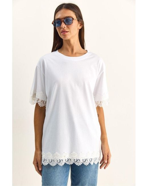Bianco Lucci White Oversized Crew Neck Cotton T-Shirt