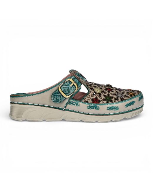 LAURA VITA Green Dorry 01 Floral Leather Wedge Slipper Sandals