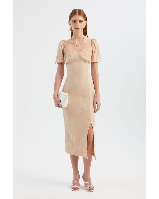 Hiccup Natural Sweetheart Neck Smocked Balloon Sleeves Midi Dress With A Side Slit