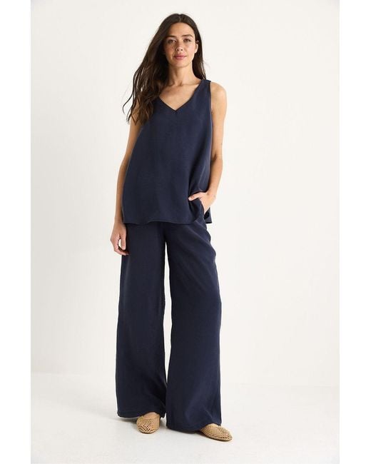 Bianco Lucci Blue V-Neck Cotton Blouse-Pants Two-Piece Set