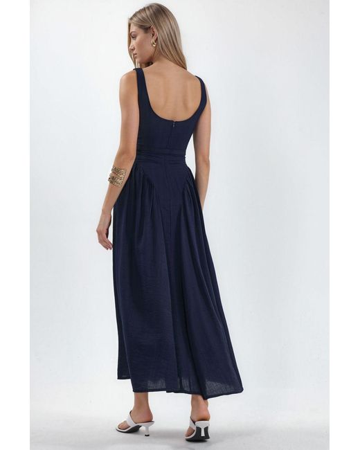 Busem Blue Square Collar Belted Midi Dress