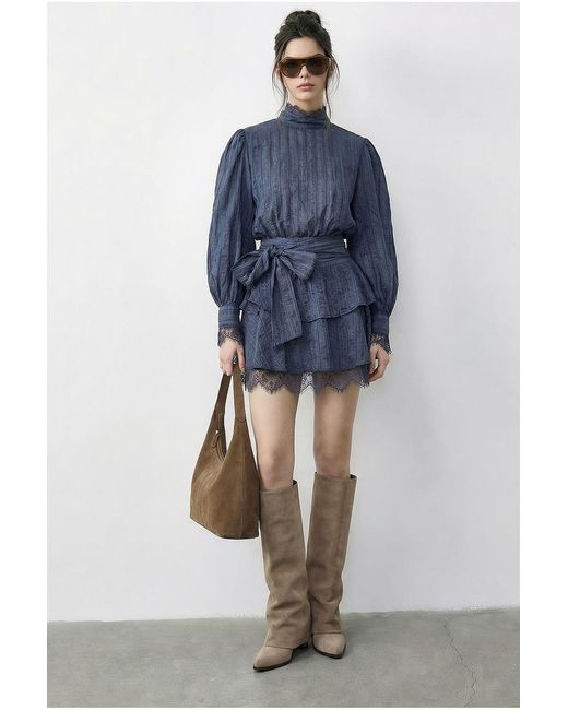 Bianco Lucci Blue Textured Mini Dress With Half Turtleneck And Lace Detail