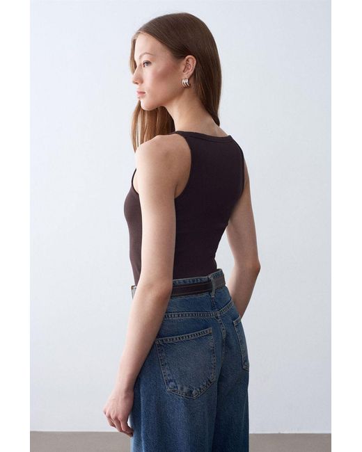 Dilvin Geribbelde Katoenen Halterblouse in het Blue
