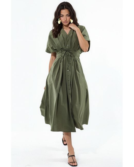 Busem Green Casual V-Neck Midi Shirt Dress