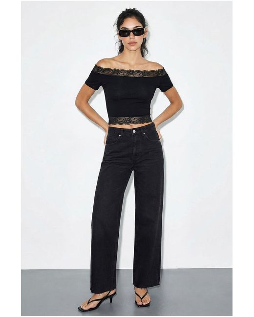 Bianco Lucci Blue Off Shoulder Lace Detailed Crop Blouse