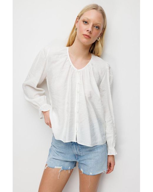 MixRay Textuur Button-Up Crew Neck Blouse in het White