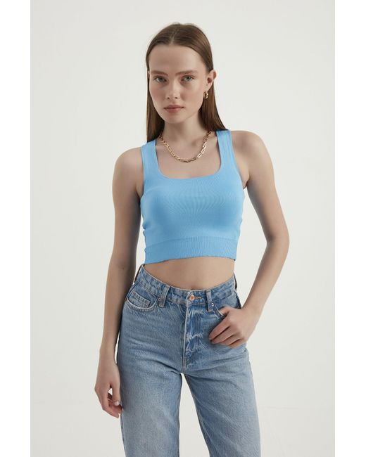 Hiccup Blue Woven Square Neck Sleeveless Basic Crop Top