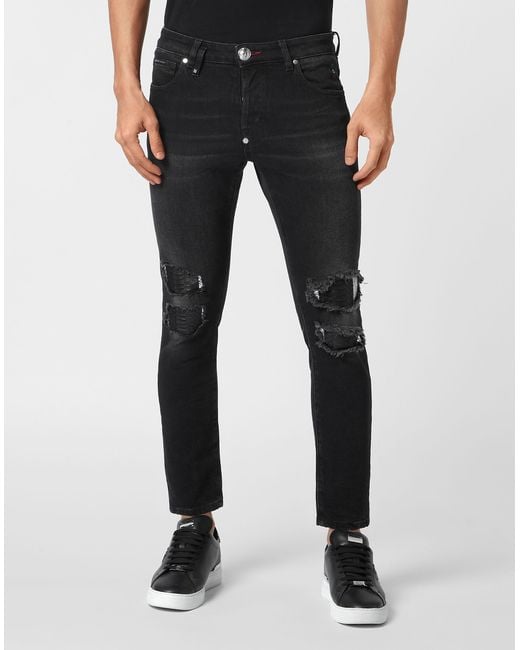 Philipp Plein Denim Trousers Skinny Fit With Python Inserts in het Black voor heren