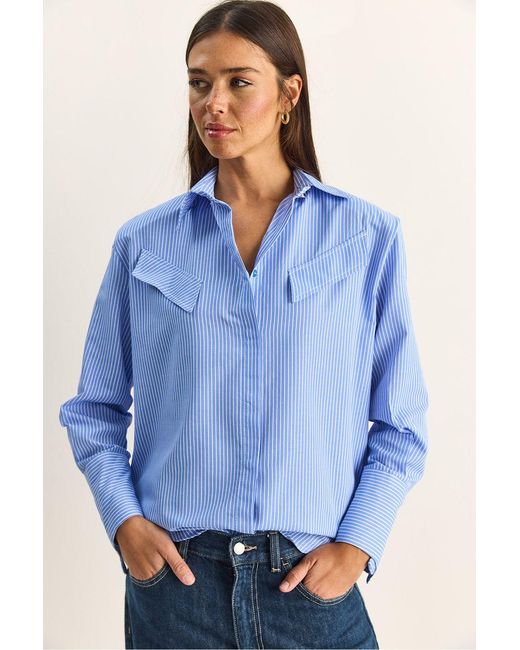 Bianco Lucci Blue Regular Fit Striped Button-Up Shirt With Pocket