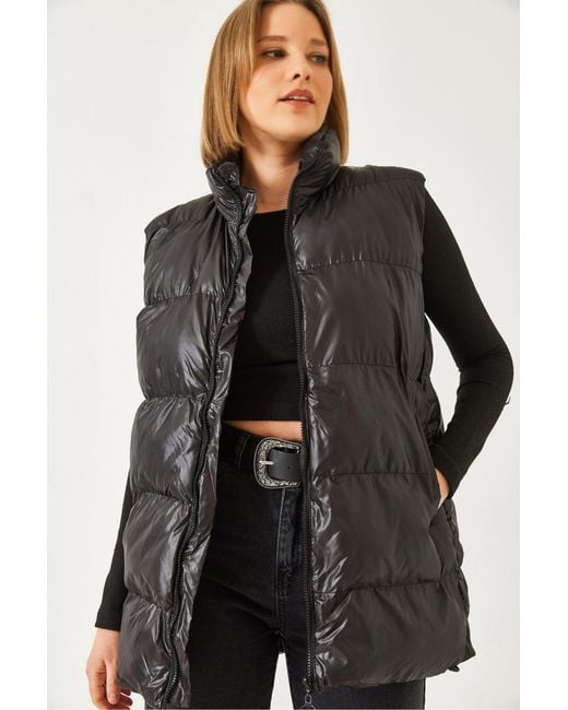 Bianco Lucci Black Faux Leather Hooded Vest With Zipper