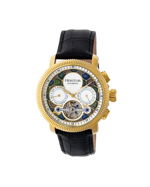 Heritor Metallic Crocodile Aura Semi-Skeleton Leather-Band Watch for men