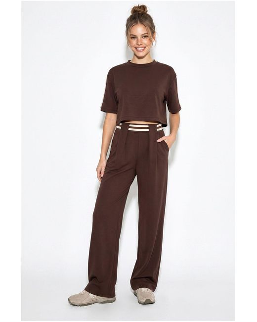 Bianco Lucci Brown 2-Piece Crew Neck T-Shirt And Wide Leg Trousers Set