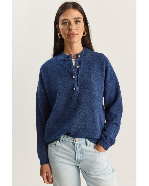 Bianco Lucci Blue Button Collar Knit Sweater