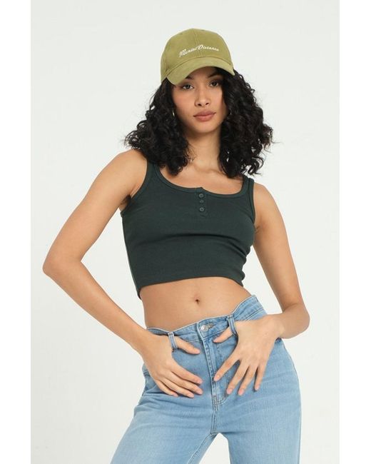 Hiccup Blue Square Neck Ribbed Buttoned Tank Top
