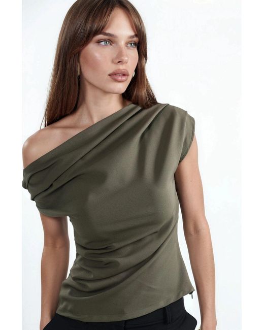 Hiccup Green One Shoulder Pleated Detail Top