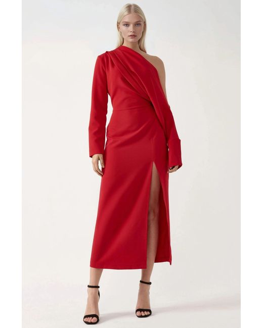Hiccup Red Asymmetrical Collar Bodycon Midi Dress With Slit