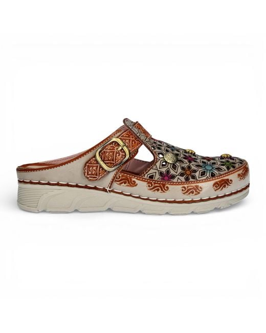 LAURA VITA Brown Dorry 01 Floral Leather Wedge Slipper Sandals