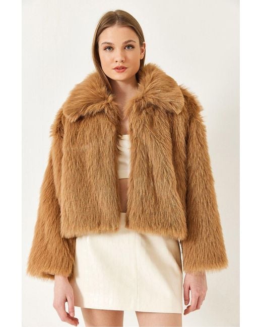 Bianco Lucci Brown Cropped Open-Front Faux Fur Coat With Long Sleeves