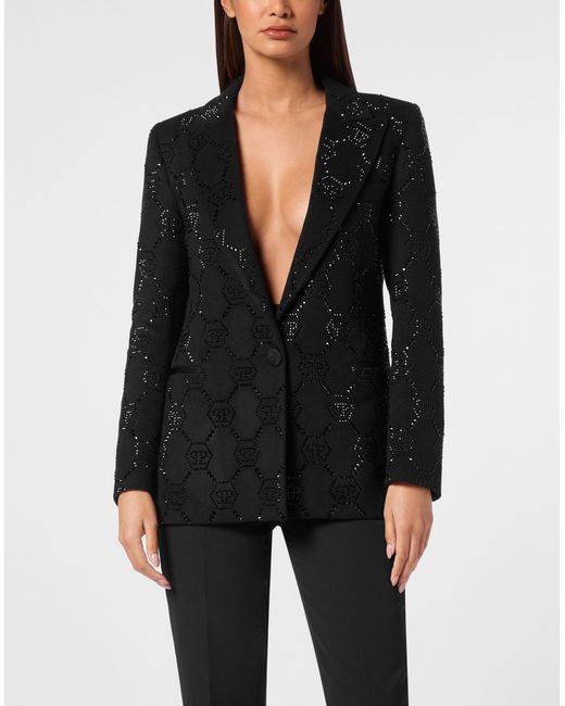 Philipp Plein Wool Boxy Blazer Strass Monogram in het Black