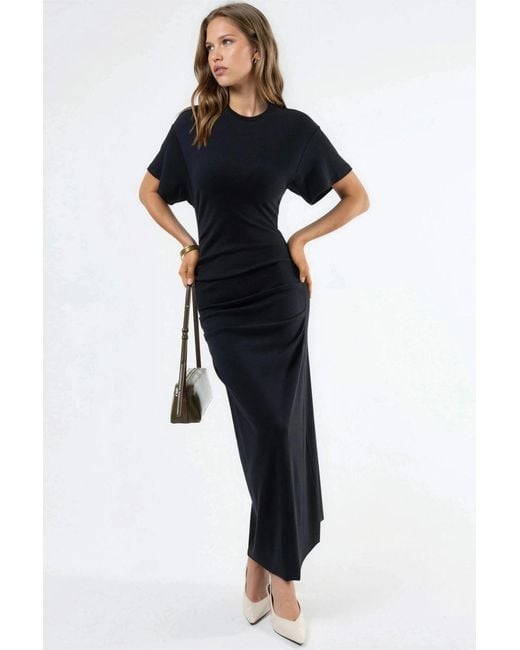 Busem Black Solid Crew Neck Bodycon Midi Dress
