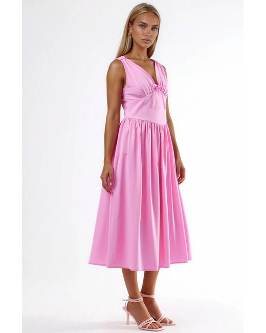 Busem Pink V-Neck Midi Dress With Bow Detail
